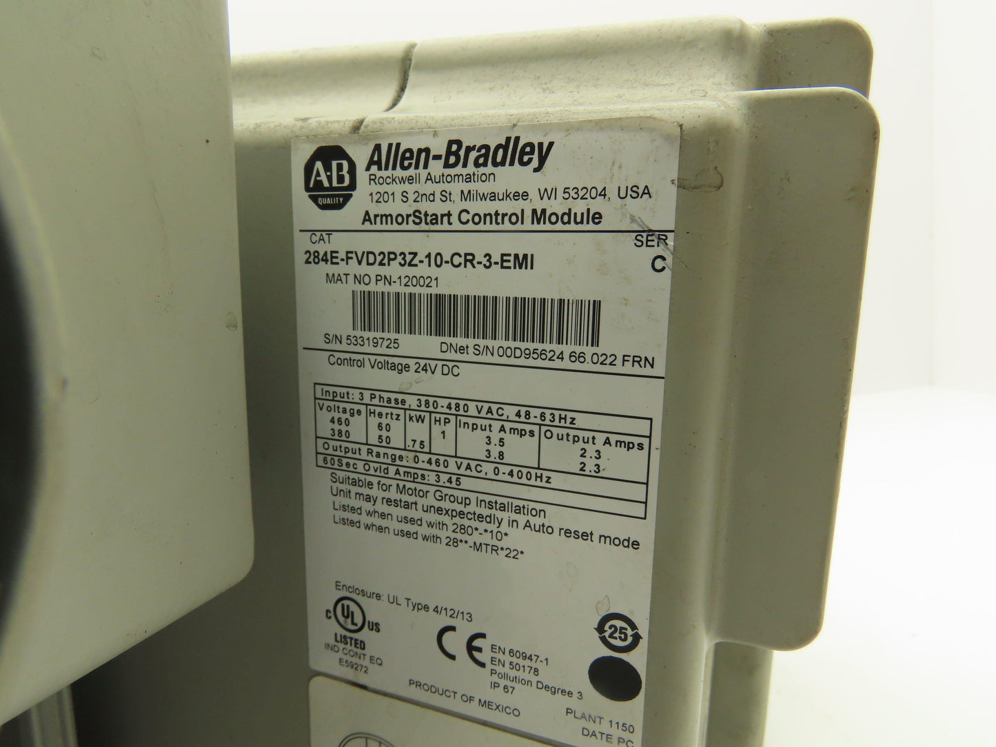 Allen Bradley 284E-FVD2P3Z-10-CR-3-EMI ArmorStart AC Drive 480V 1Hp VFD EtherNet