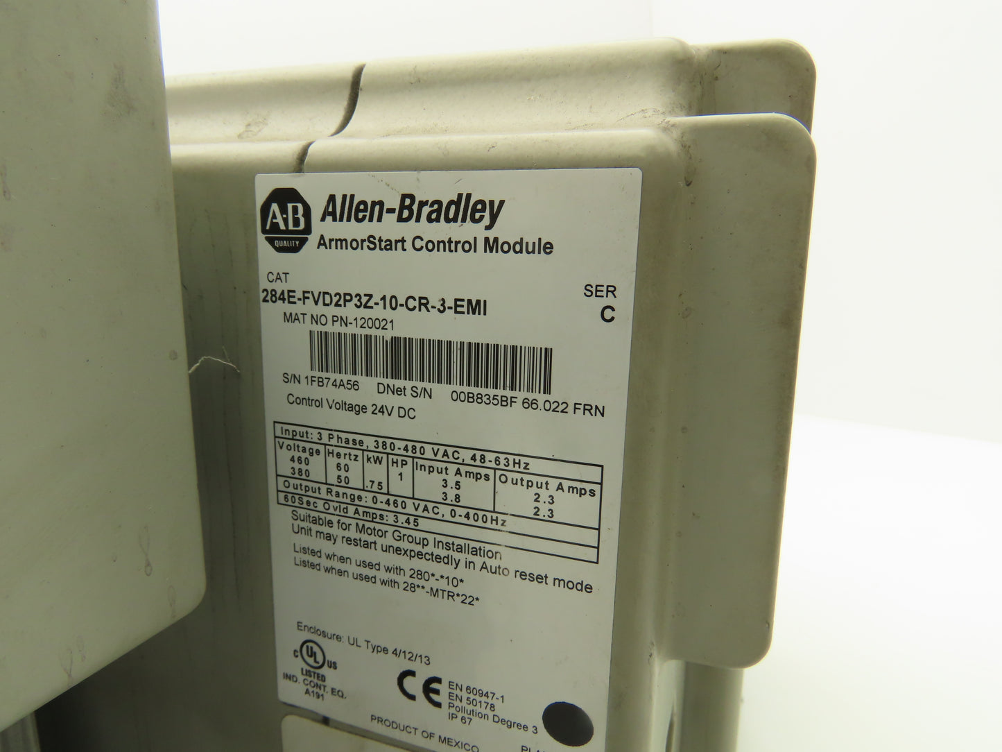 Allen Bradley 284E-FVD2P3Z-10-CR-3-EMI ArmorStart AC Drive 480V 1Hp VFD EtherNet