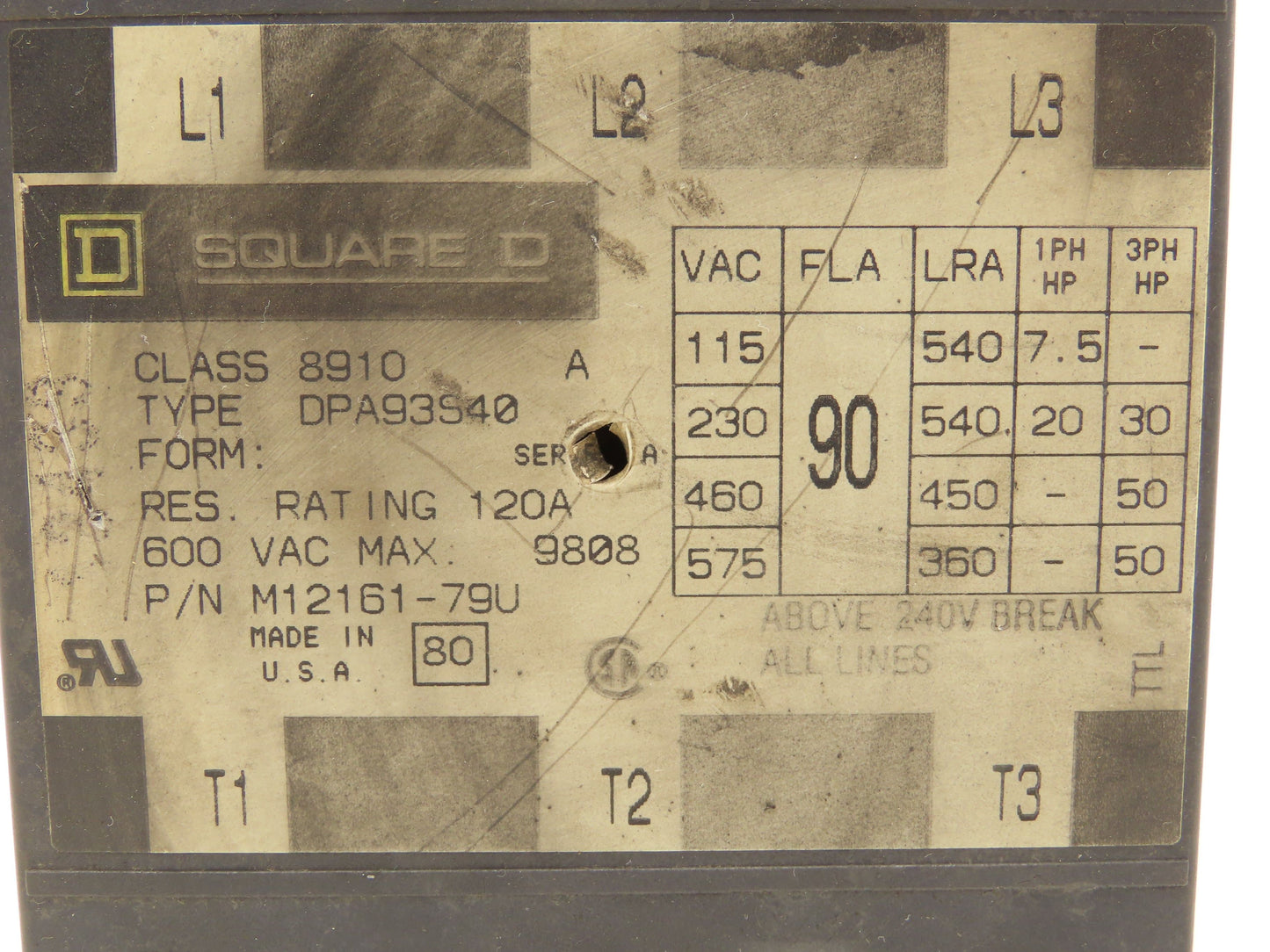 Square D DPA93S40 3-Pole Contactor 575VAC 90A 50HP