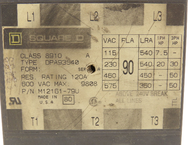 Square D DPA93S40 3-Pole Contactor 575VAC 90A 50HP
