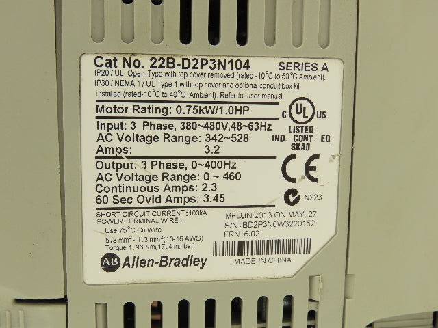 Allen Bradley 22B-D2P3N104 Powerflex 40 VFD AC Drive 0.75kw 1Hp 480V 3Ph