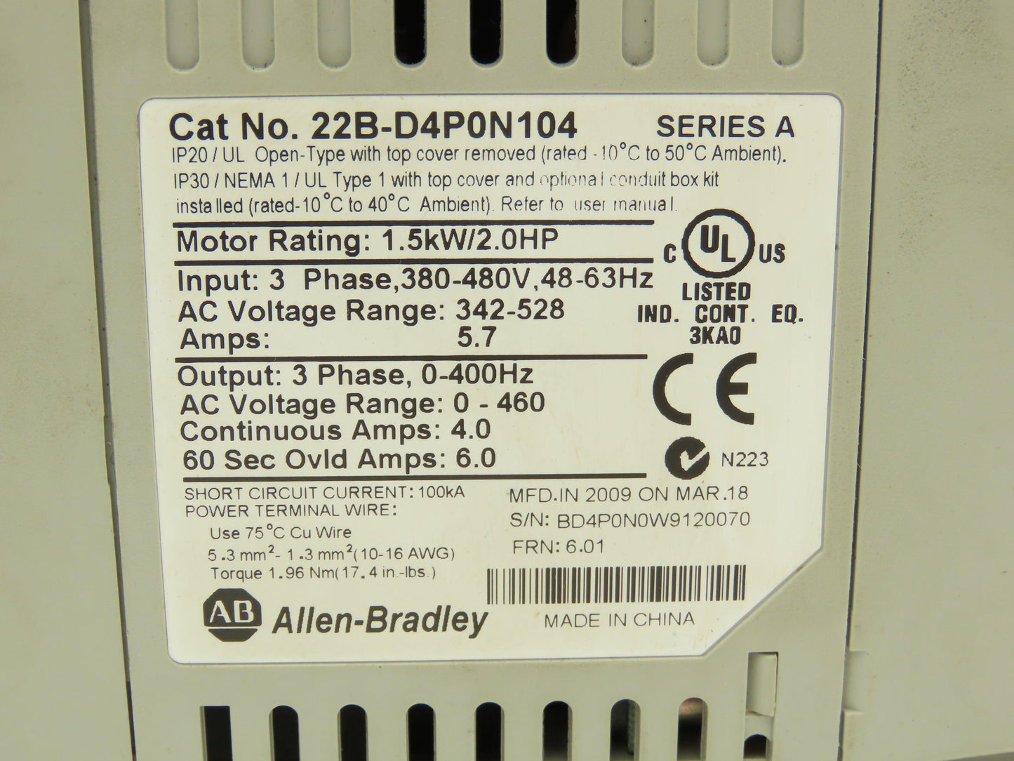 Allen Bradley 22B-D4P0N104 Powerflex 40 VFD AC Drive 22-COMM-E Module