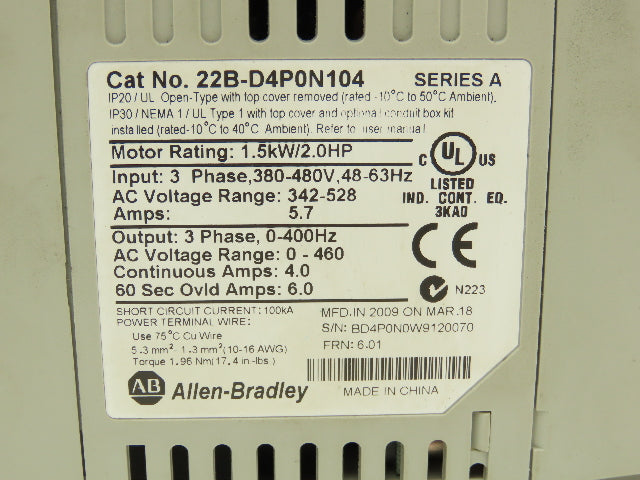 Allen Bradley 22B-D4P0N104 Powerflex 40 VFD AC Drive 22-COMM-E Module