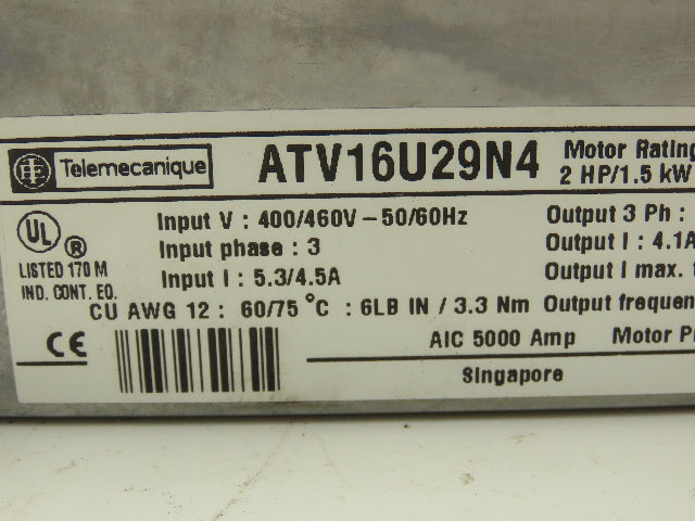 ATV16U29N4 Altivar 16 VFD 1/3PH In 3PH 7.1A Out 2HP 208/240VAC 0.1-200Hz *COVER*