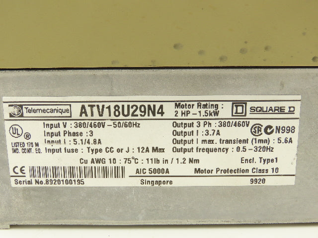 ATV18U29N4 Altivar 16 VFD 3PH In 3PH 3.7A Out 2HP 380/460VAC 0.5-320Hz Lot of 2