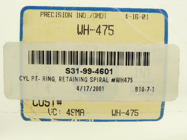 WH-475 Internal Spiral Retaining Ring 4.75" Lot of 5