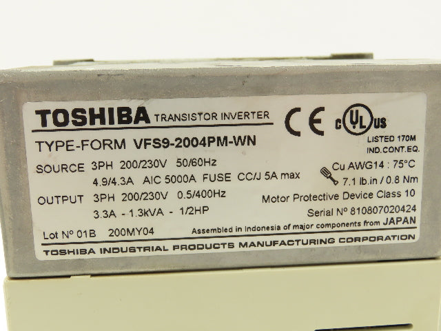Toshiba VFS9-2004PM-WN Power Supply 3PH 230VAC In/Out 0.5-400Hz Out