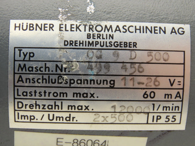 Hubner OG 9 D 500 Digital Tacho Incremental Encoder 12/24VDC 12k RPM 2x500