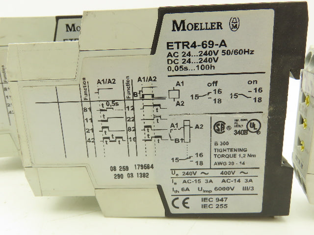 Eaton Moeller ETR4-69-A Timing Relay 24-240V AC/DC 0.05 Sec-100 Hrs Lot of 4