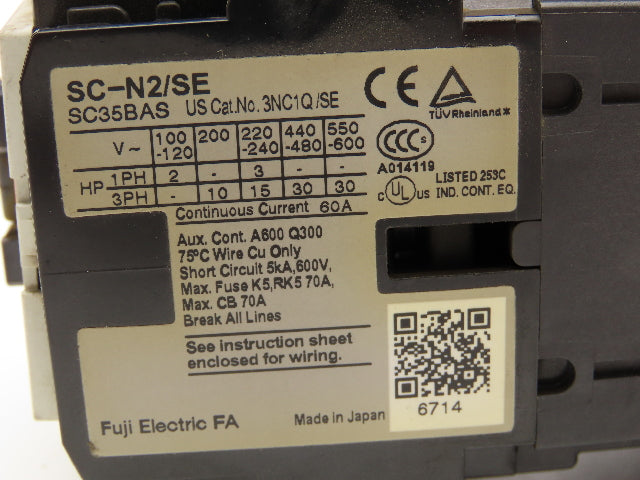 Fuji Electric SC35BAS SC-N2/SE Contactor 30HP 40A 600VAC Lot of 2