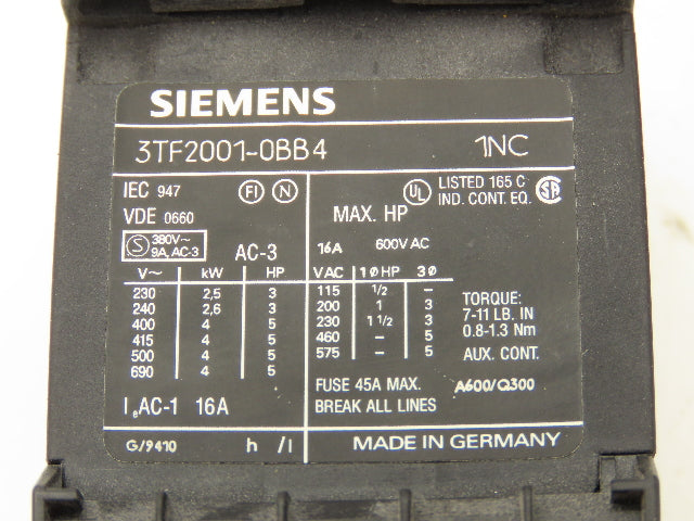 Siemens 3TF2001-0BB4 Contactor Block Diode Set 16A 600VAC 5HP Lot of 3