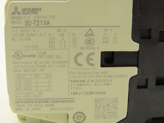 Mitsubishi SD-T21 SA Contactor 10HP 20A UT-SA21 Surge Suppressor 24V Lot of 2
