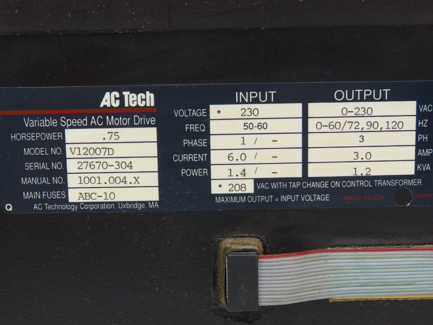 AC Tech V12007D VFD Variable Speed AC Motor Drive .75Hp 230V 1PH Input 3PH Out
