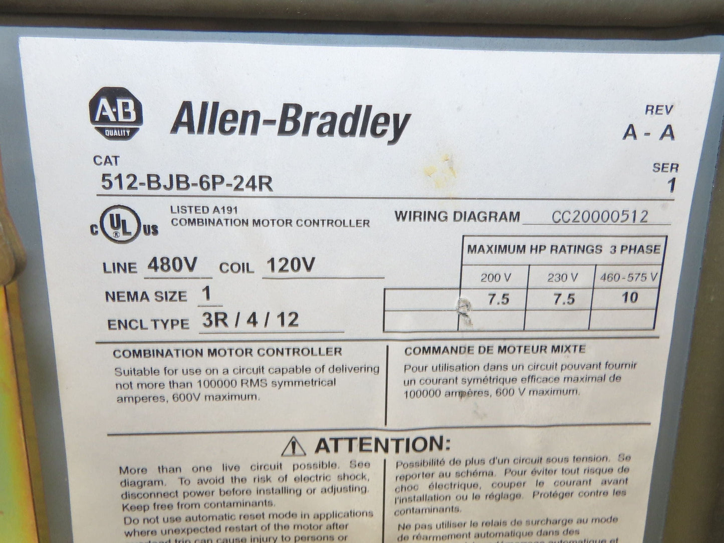 Allen Bradley Size 1 Fusible Combination Motor Starter 10Hp 600V 3PH