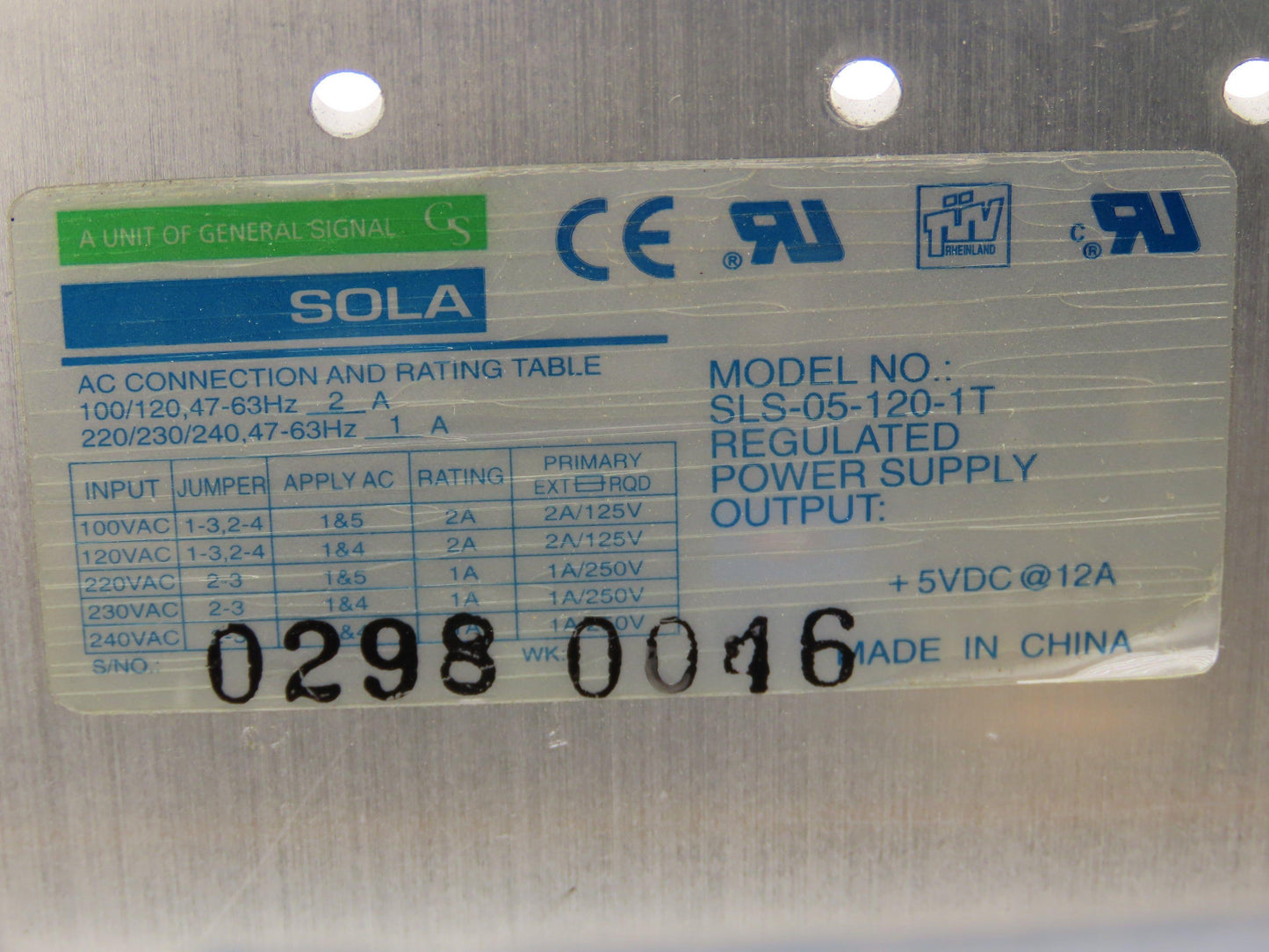 Emerson SLS-05-120-IT Sola Power Supply 5VDC 12A Output 120VAC 2A Input