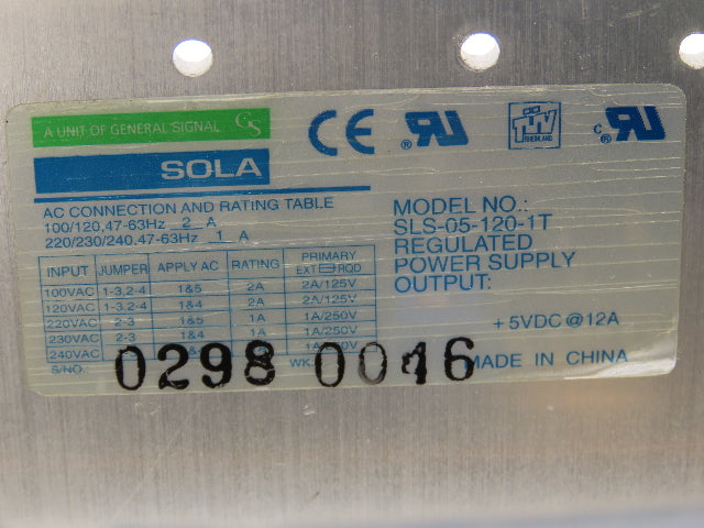 Emerson SLS-05-120-IT Sola Power Supply 5VDC 12A Output 120VAC 2A Input