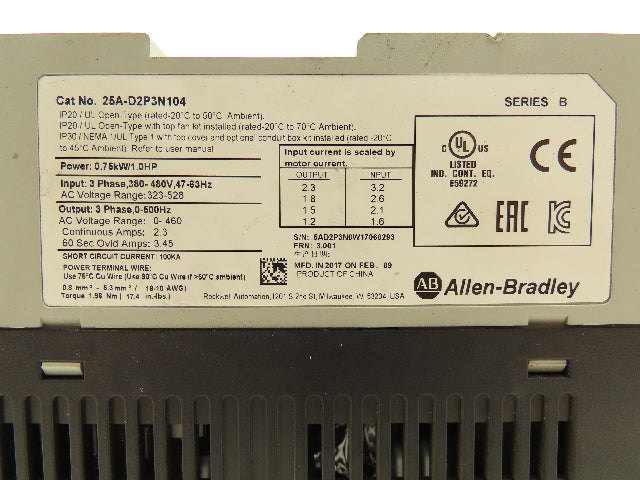 Allen Bradley 25A-D2P3N104 PowerFlex 523 Variable AC Drive VFD 1Hp 480V 3PH