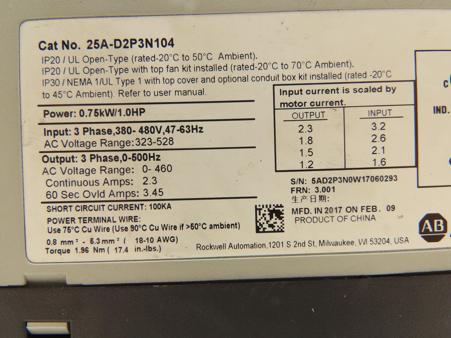 Allen Bradley 25A-D2P3N104 PowerFlex 523 Variable AC Drive VFD 1Hp 480V 3PH