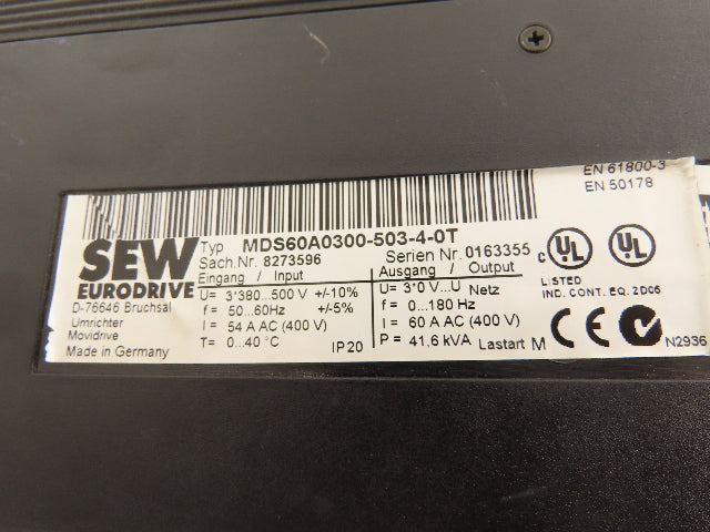SEW-EURODRIVE MDS60A0300-503-4-0T VFD MoviDrive 3PH 500VAC 60A 41.6kVA 0-180Hz