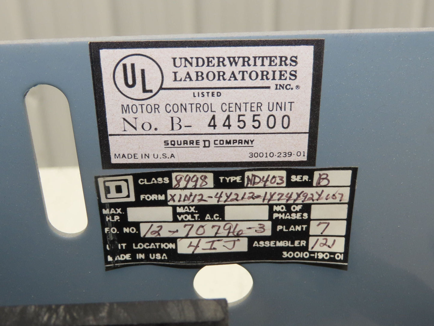 Square D 8998 MCC Bucket Motor Starter 25Hp Size 2 Fused Disconnect 3 Pole 600V