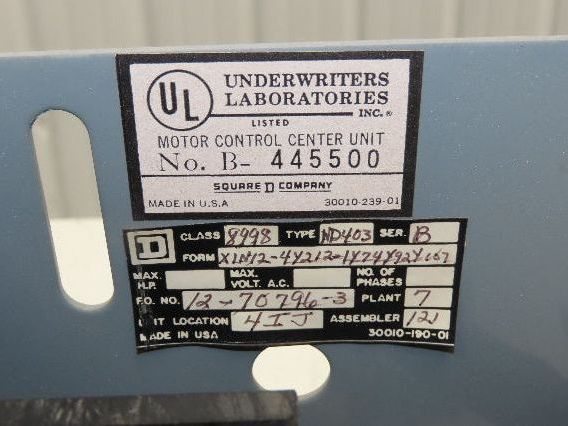 Square D 8998 MCC Bucket Motor Starter 25Hp Size 2 Fused Disconnect 3 Pole 600V