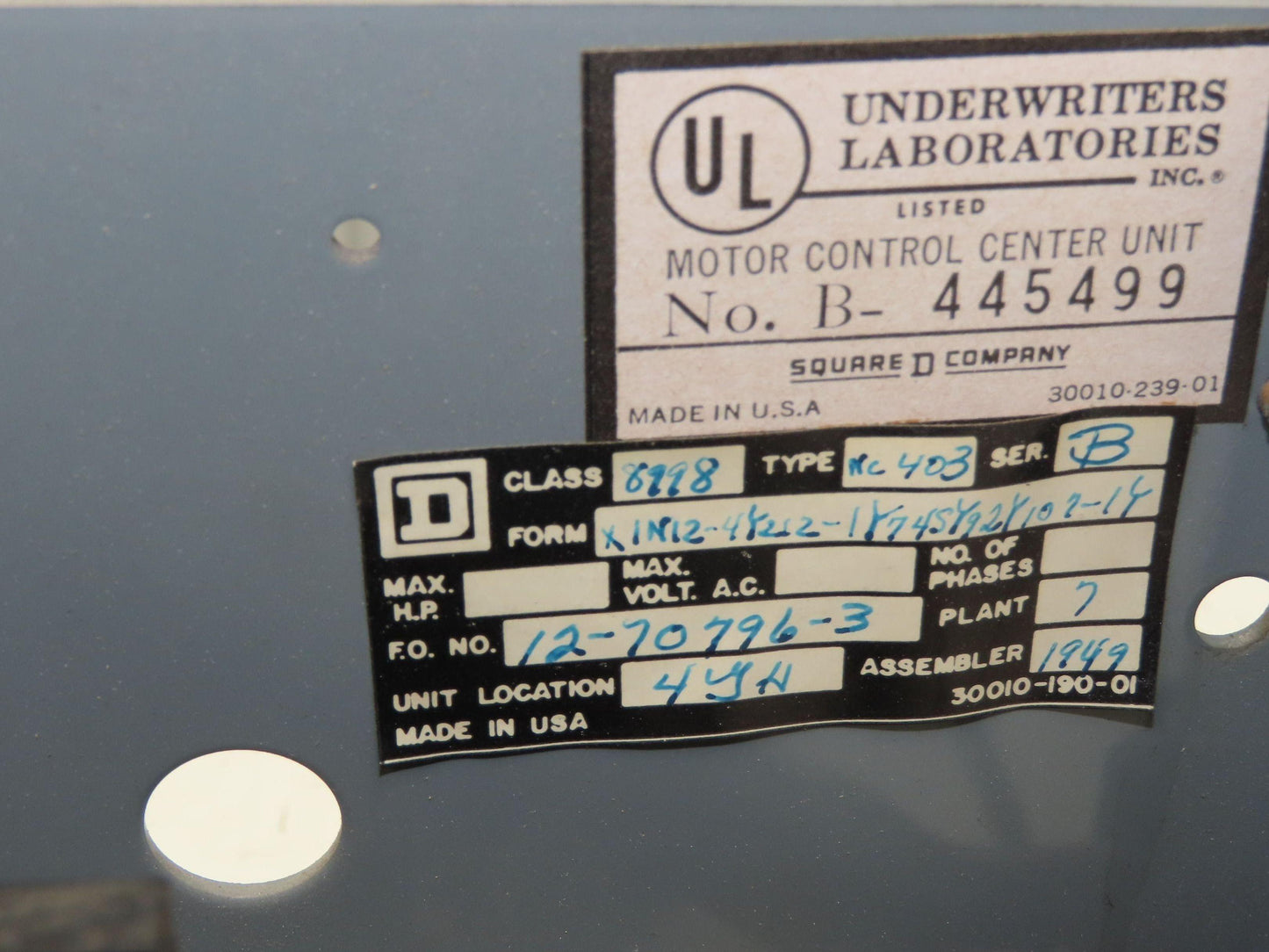 Square D 8998 MCC Bucket Motor Starter 10Hp Size 1 Fused Disconnect 3 Pole 600V