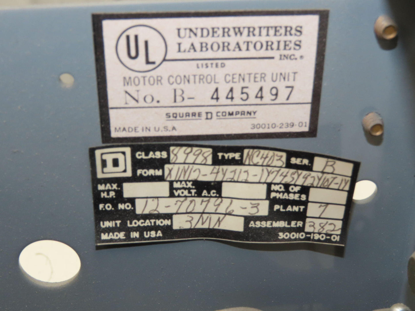 Square D 8998 MCC Bucket Motor Starter 10Hp Size 1 Fused Disconnect 3 Pole 600V