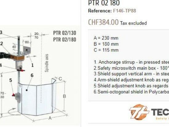 Tecno Piu Rockford PTR 02/180 Drill Press Safety Guard 180mm Height