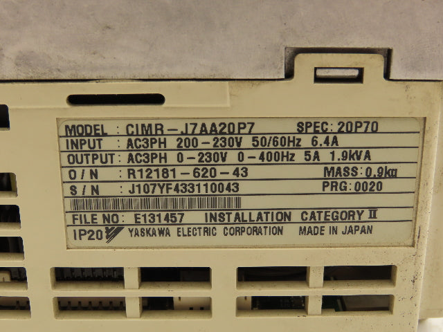 Yaskawa CIMR-J7AA20P7 Variable Frequency AC Drive 230VAC 3PH 400Hz 5A 1.9kVA