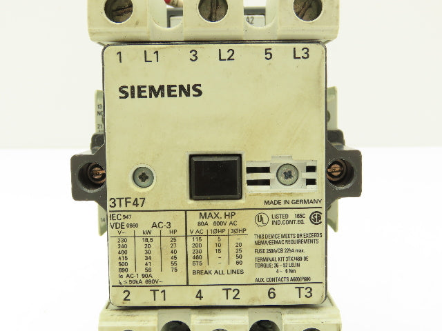Siemens 3TF4711-0AK6 Motor Starter IEC Contactor 80A 3-Pole 600V 3PH 120V Coil