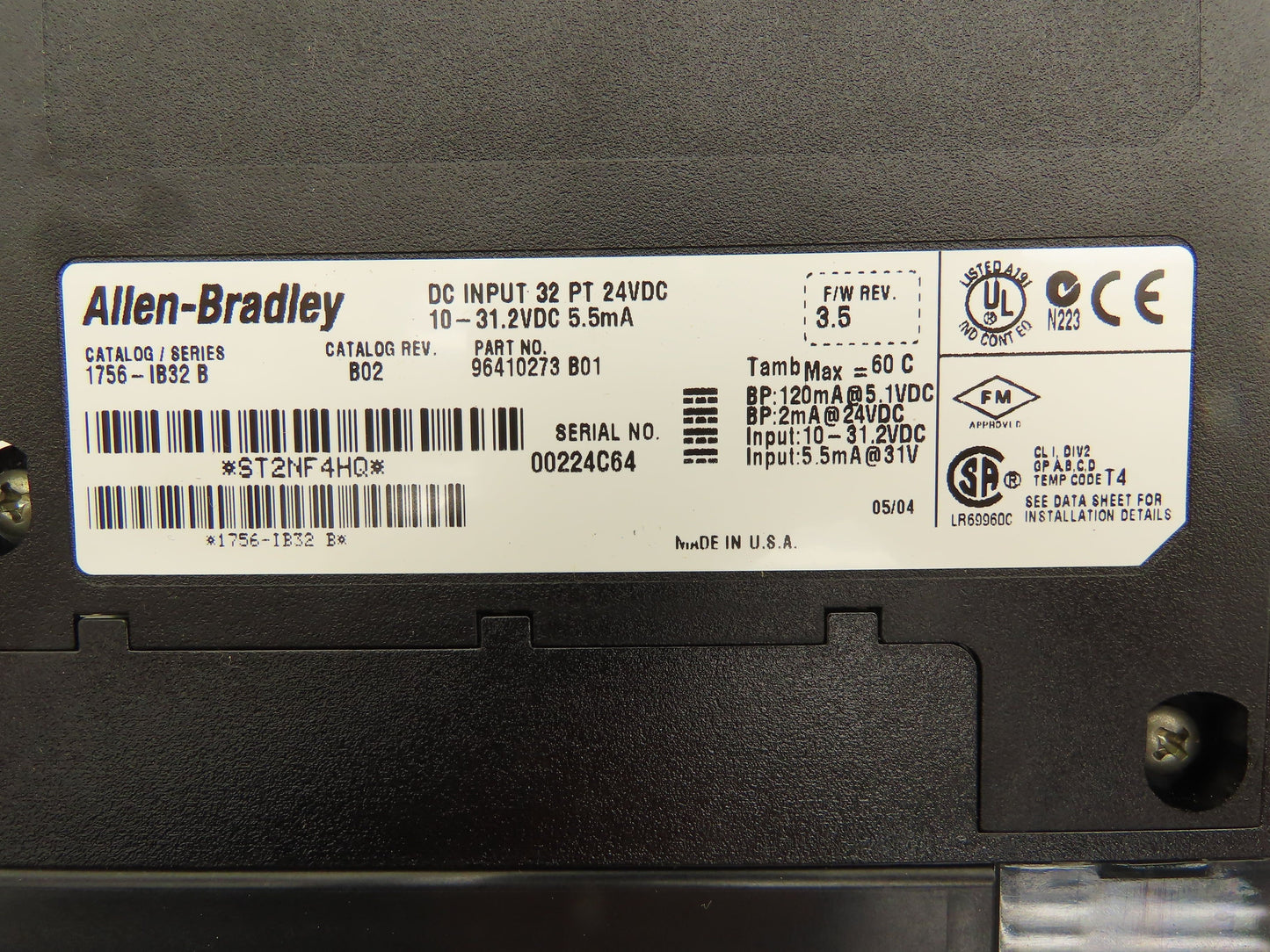 Allen Bradley 1756-IB32 DC Isolated Input 32PT 24VDC Firmware 3.4/3.5 Lot of 2