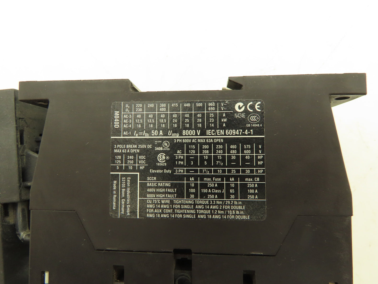 Eaton XTOE045DCS XTCE040D DIL M40 Motor Starter Thermal Overload 3PH 480VAC 45A