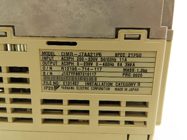 Yaskawa CIMR-J7AA21P5 Variable Frequency AC Drive 230VAC 3PH 400Hz 8A 3kVA 1.5kW