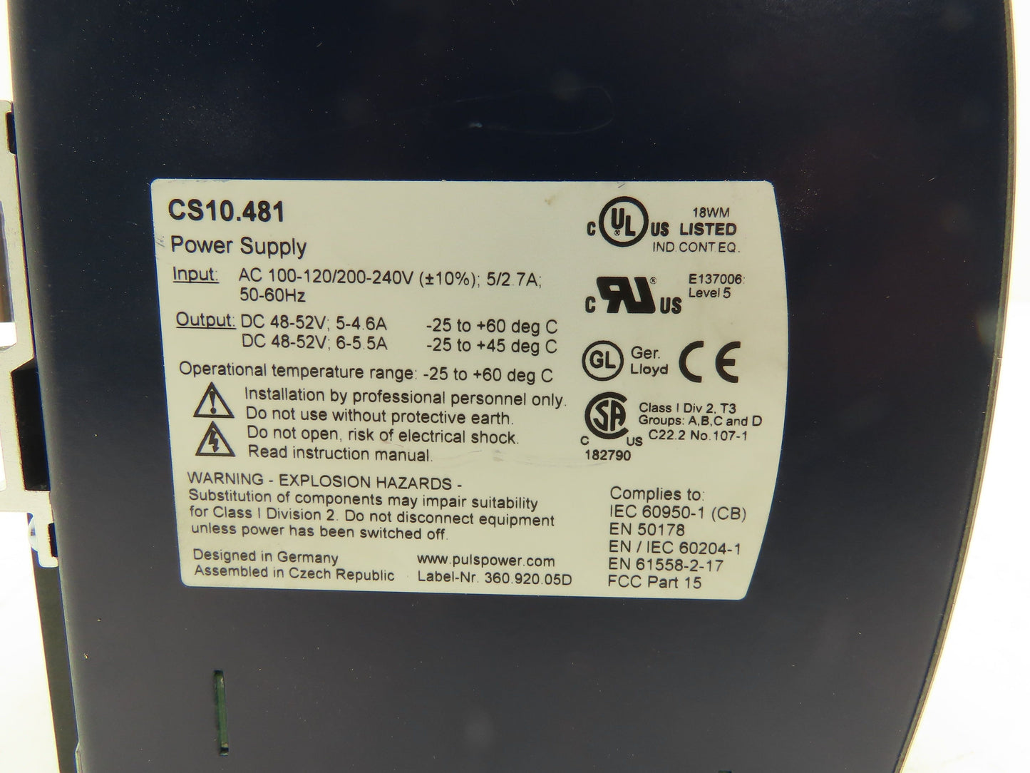 Puls CS10.481 Power Supply 120/240VAC 7A In 48-52VDC 4-4.6A/6-5.5A