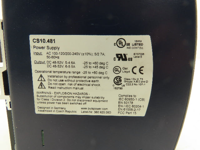 Puls CS10.481 Power Supply 120/240VAC 7A In 48-52VDC 4-4.6A/6-5.5A