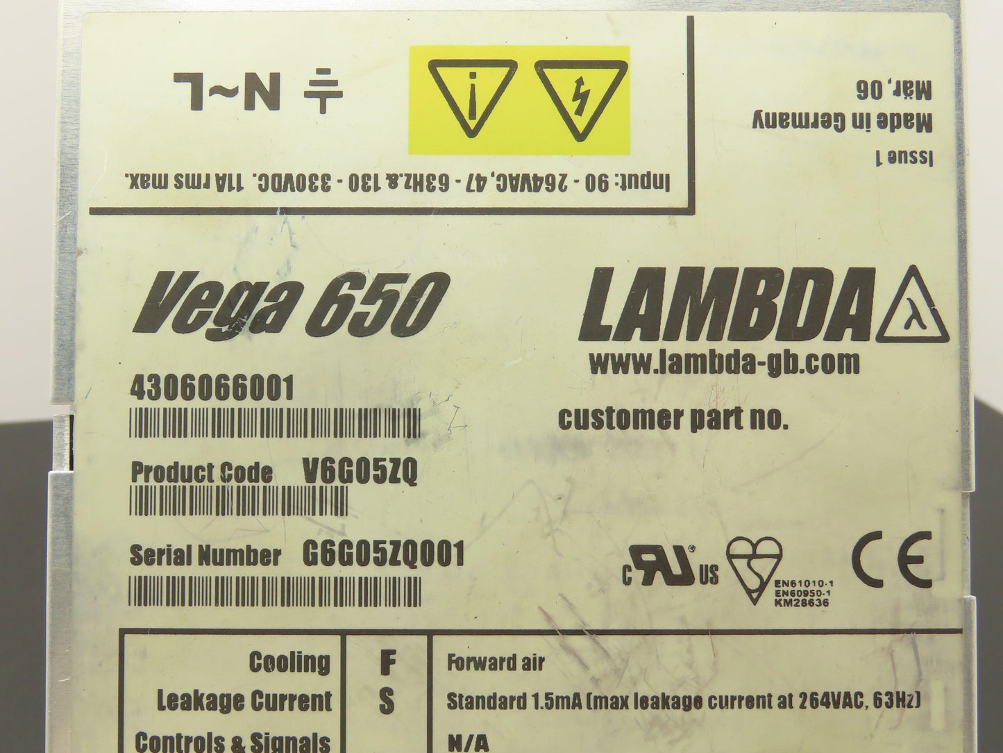 Lambda V6G05ZQ TDK Vega 650 Power Supply 48VDC 20A Output 100-240V Input