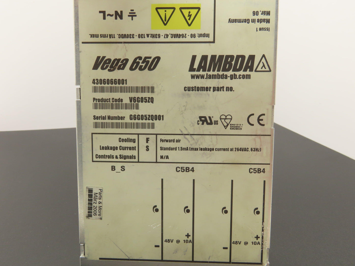 Lambda V6G05ZQ TDK Vega 650 Power Supply 48VDC 20A Output 100-240V Input
