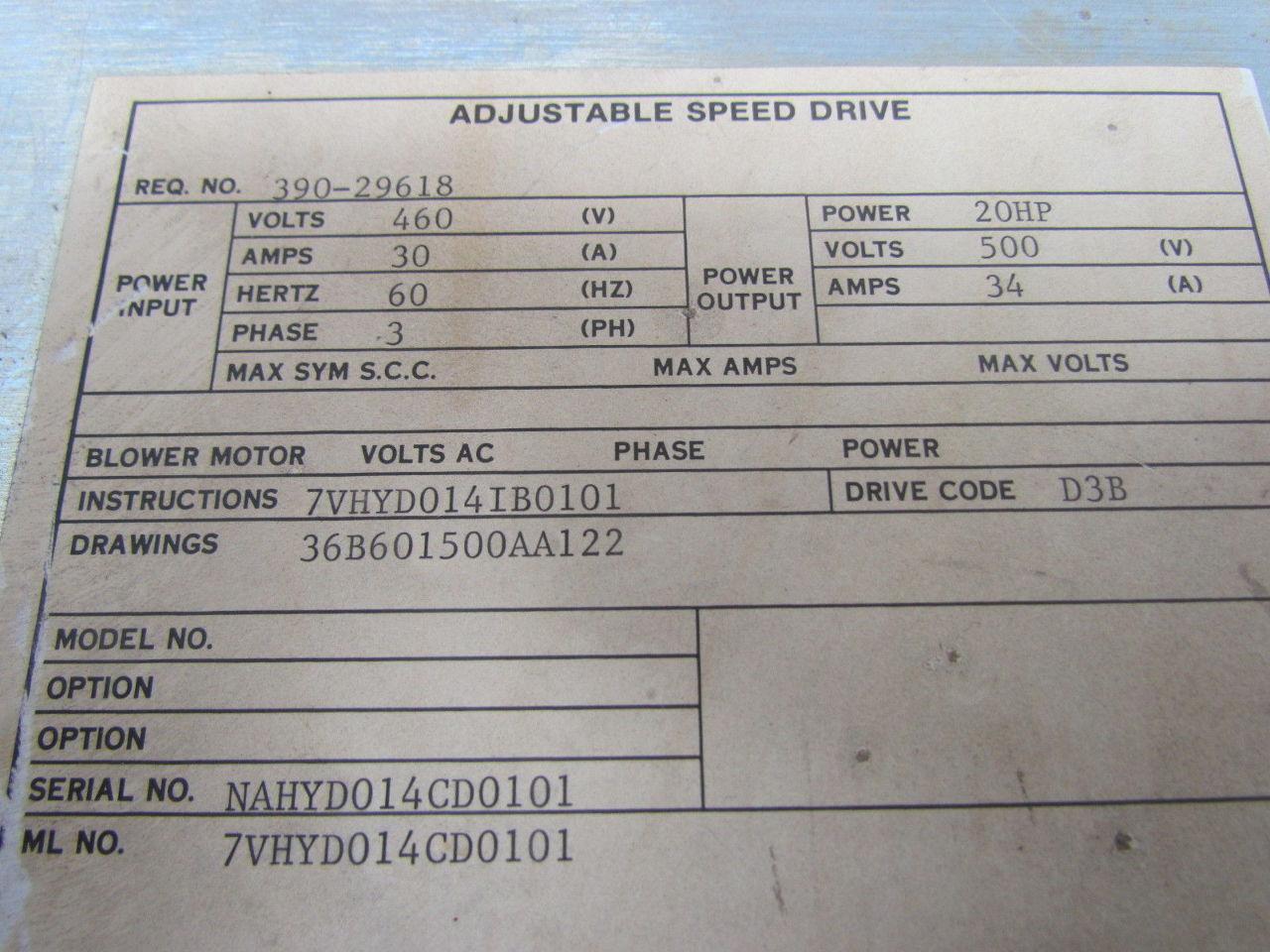 GE General Electric 390-29618 Adjustable Speed drive 20HP 500V 34A 3 phase AC