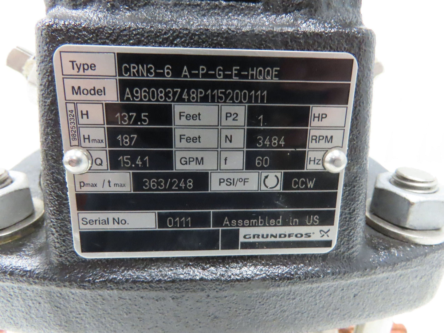Grundfos CRN3-6 A-P-G-E-HQQE Vertical Centrifugal Pump 1.25" 15 GPM 1Hp 460V 3PH