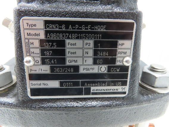 Grundfos CRN3-6 A-P-G-E-HQQE Vertical Centrifugal Pump 1.25" 15 GPM 1Hp 460V 3PH