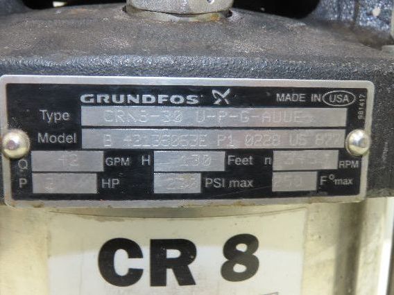 Grundfos CRN8-30 U-P-G-AUUE Vertical Centrifugal Pump 2" 42 GPM 3Hp 230/460V 3PH