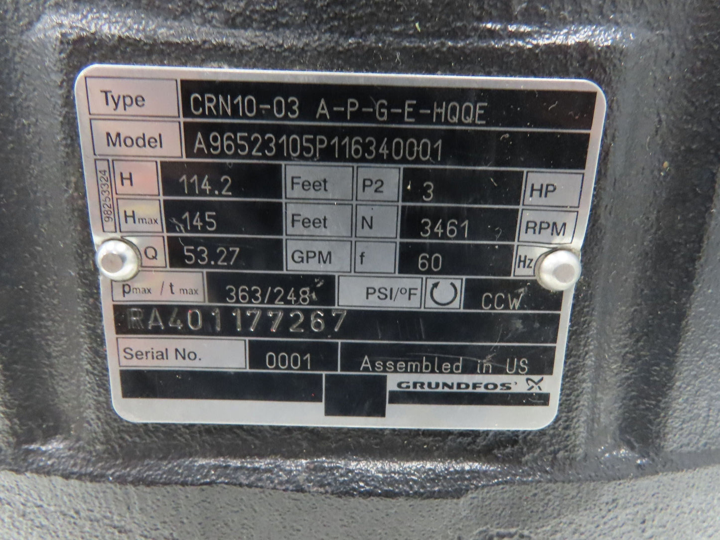 Grundfos CRN10-03 A-P-G-E-HQQE Vertical Centrifugal Pump 2" 56 GPM 3Hp 460V 3PH