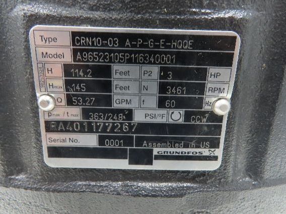 Grundfos CRN10-03 A-P-G-E-HQQE Vertical Centrifugal Pump 2" 56 GPM 3Hp 460V 3PH