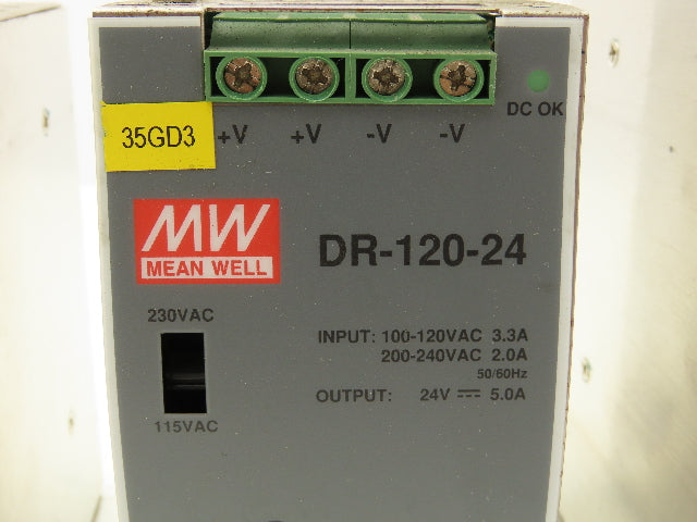 Mean Well DR-120-24 Power Supply 1PH 120VAC 3.3A/240VAC 2A In 24VDC 5A Lot of 4