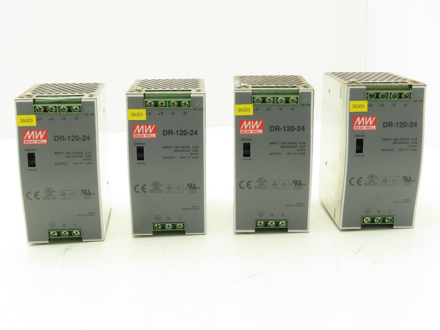 Mean Well DR-120-24 Power Supply 1PH 120VAC 3.3A/240VAC 2A In 24VDC 5A Lot of 4