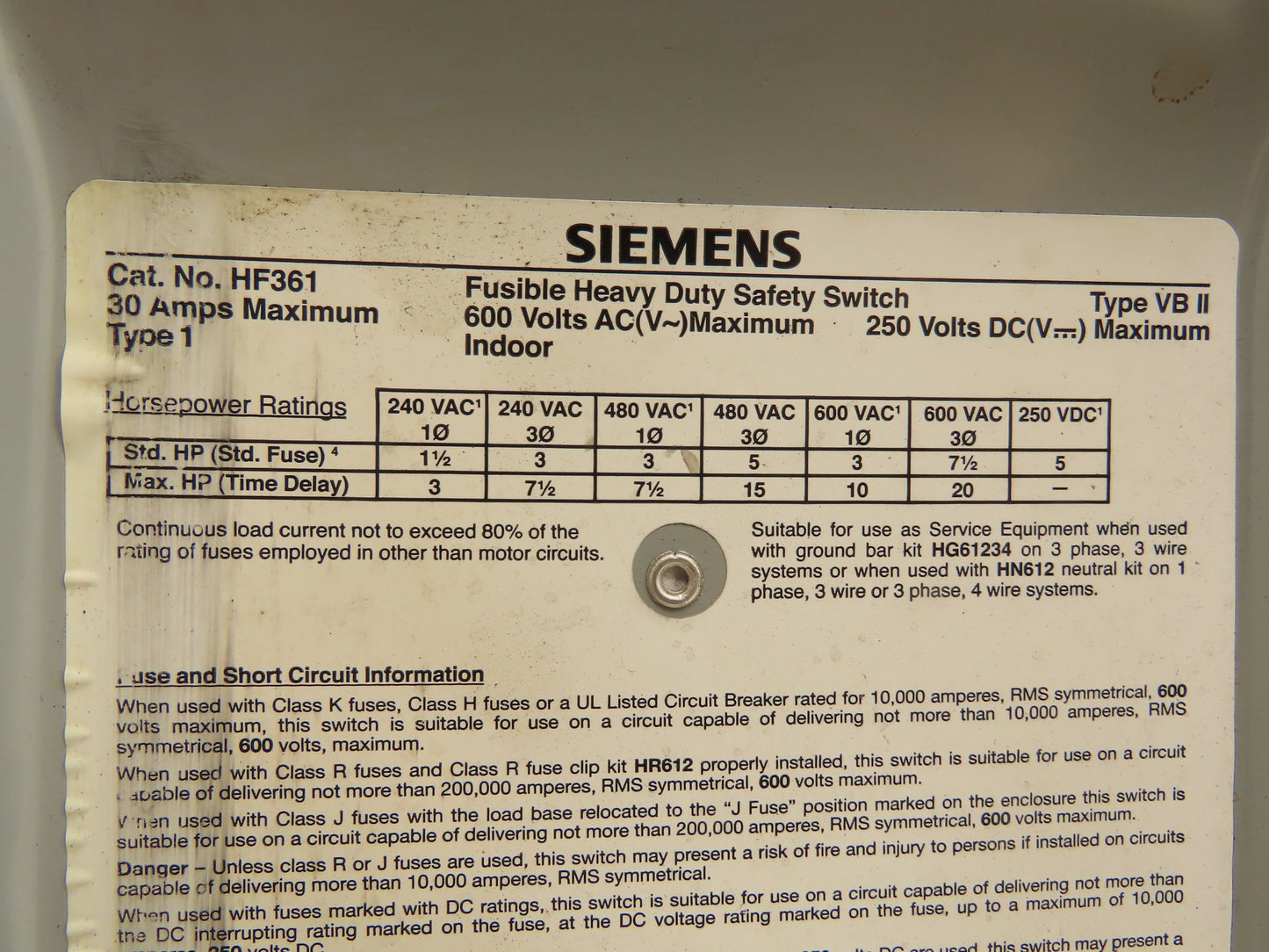 Siemens Fusible Heavy Duty Safety Disconnect Switch 30A 600VAC 3 Pole