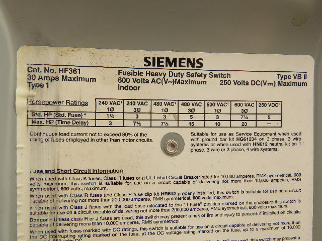 Siemens Fusible Heavy Duty Safety Disconnect Switch 30A 600VAC 3 Pole