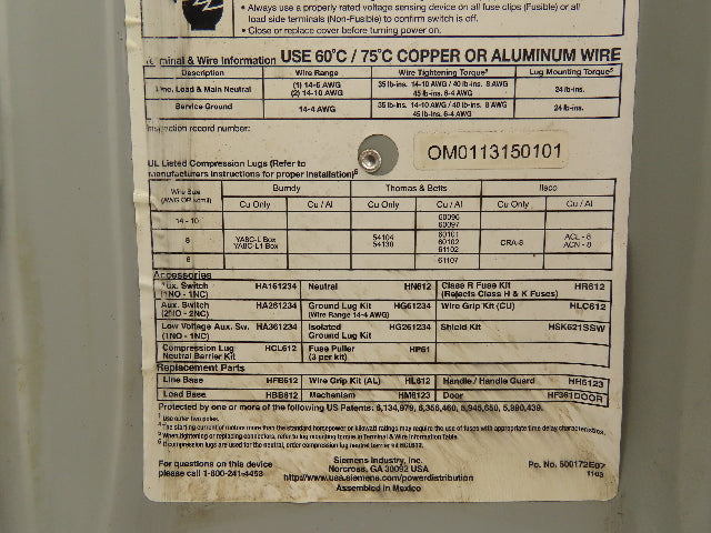 Siemens Fusible Heavy Duty Safety Disconnect Switch 30A 600VAC 3 Pole