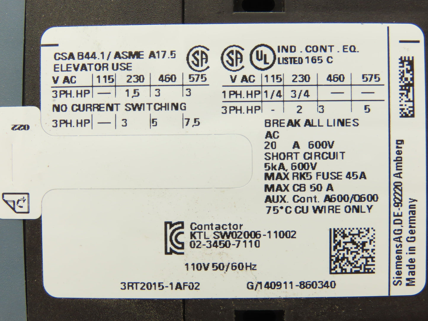 Siemens 3RT2015-1AF02 Contactor 7.5HP 3PH 575VAC 20A 2NC Lot of 6