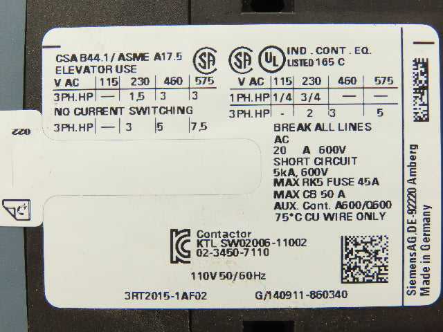 Siemens 3RT2015-1AF02 Contactor 7.5HP 3PH 575VAC 20A 2NC Lot of 6